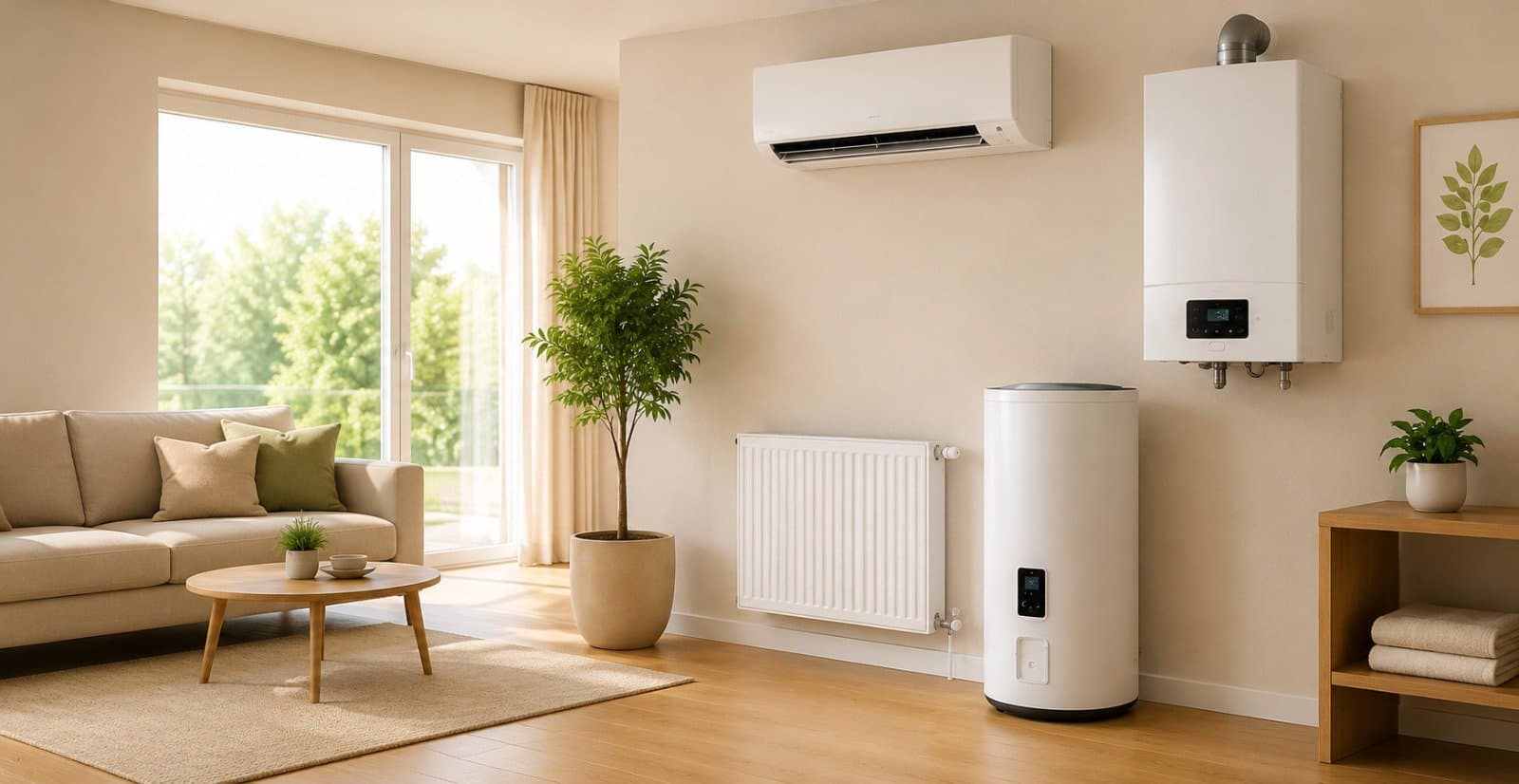 Living room equipped with Mitherme air conditioning, boiler, water heater and radiator