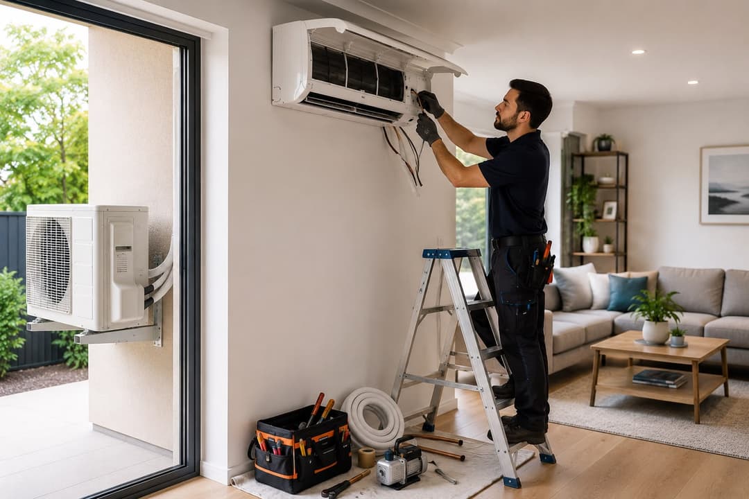 Technician installing a heat pump